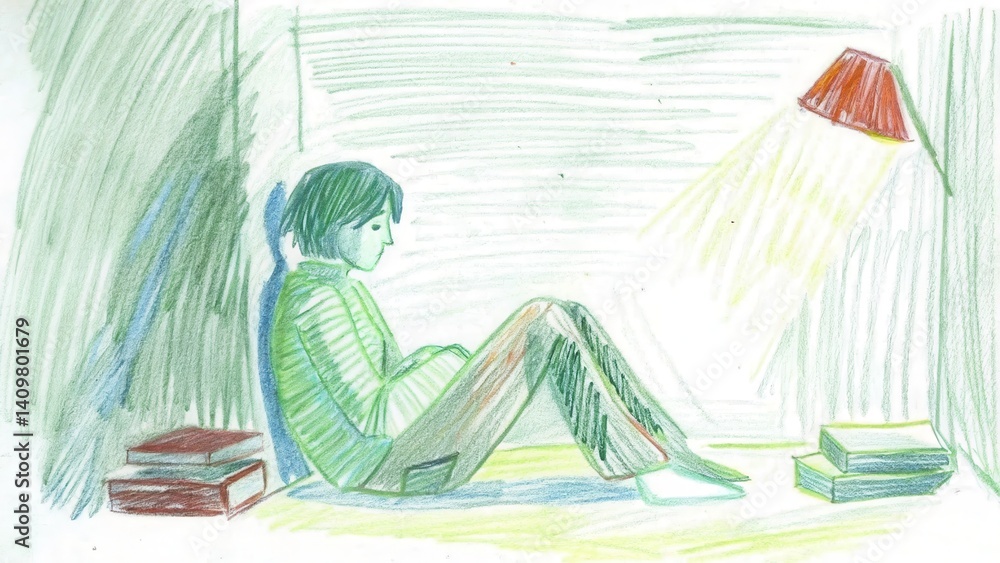 Introverted person sitting alone in a cozy room with books