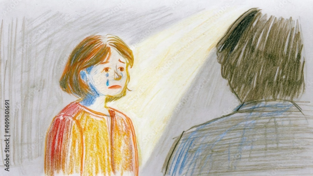 Emotional girl facing an unknown figure in soft lighting
