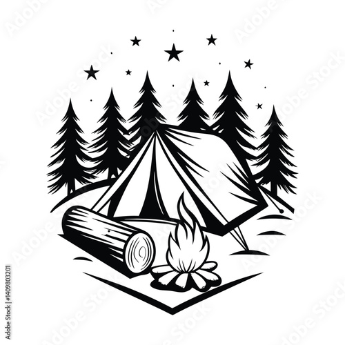 Monochrome Camping Tent, Bonfire, Wood Pile, Forest Silhouettes, Starry Night