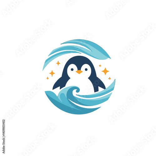 Cute cartoon penguin in waves logo