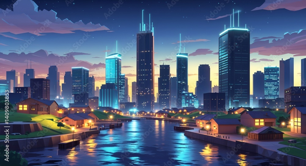 Fototapeta premium nighttime city skyline with lights 3d render scene video game concept background illustration digital artwork
