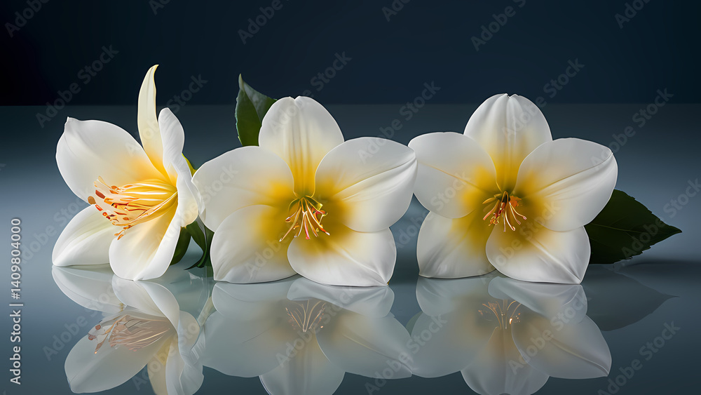Fototapeta premium White flowers arranged gracefully on a reflective surface showcasing their delicate petals and vibrant details Generative AI