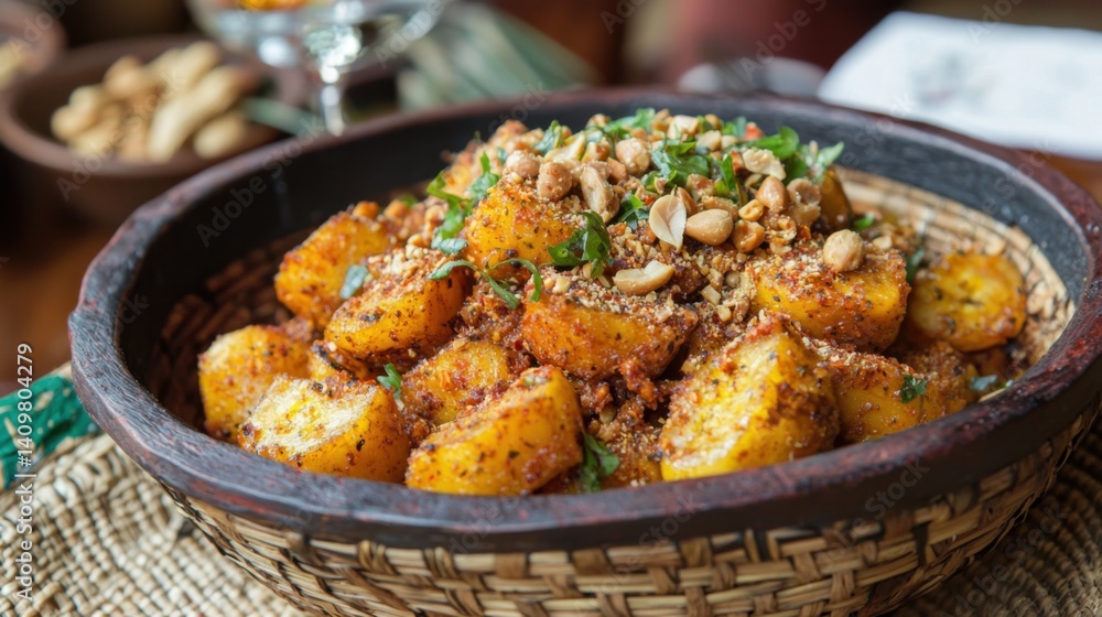 Traditional Ghanaian Kelewele, spicy fried plantain cubes with ginger seasoning, served in a woven basket, African cuisine Traditional Ghanaian Kelewele, spicy fried plantain cubes with ginger seasoning, served in a woven basket, African cuisine