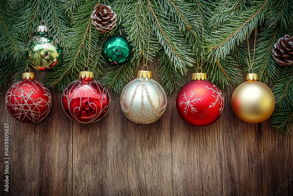 Colorful Christmas baubles on evergreen branches with pinecones in festive holiday arrangement Colorful Christmas baubles on evergreen branches with pinecones in festive holiday arrangement