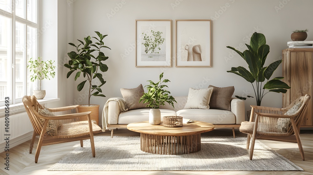 Fototapeta premium Serene Living Room: A bright, airy living room showcases the comfort of a soft sofa paired with wood accents and botanical art creating a peaceful atmosphere. 