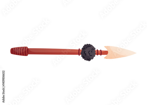 Cartoon Stone Age Spear Isolated on White. Prehistoric Weapon with Wooden Handle and Flint Tip. Tribal Hunting Tool vector Illustration for Educational or Game Design Projects