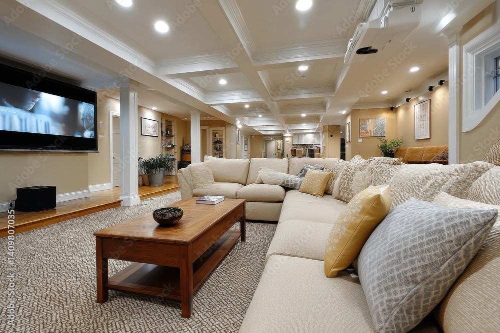 Fototapeta premium A cozy basement living area featuring a comfortable sectional sofa, TV setup, and warm decor, providing an ideal spot for entertainment and relaxation with family and friends.