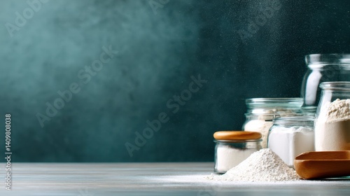 Various jars filled with flour and sugar on a wooden table, with a textured background