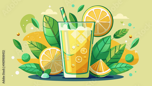 Lemonade with lemon slices and mint in a tall glass. Yellow cocktail with citrus