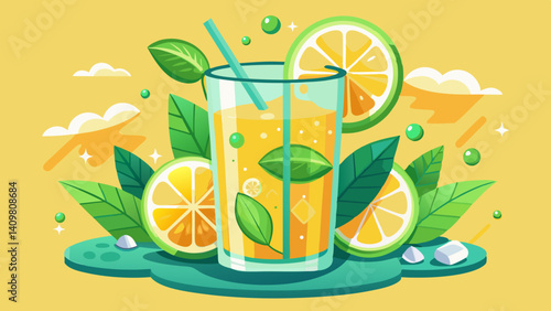 Lemonade with lemon slices and mint in a tall glass. Yellow cocktail with citrus
