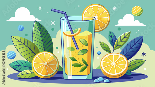 Lemonade with lemon slices and mint in a tall glass. Yellow cocktail with citrus