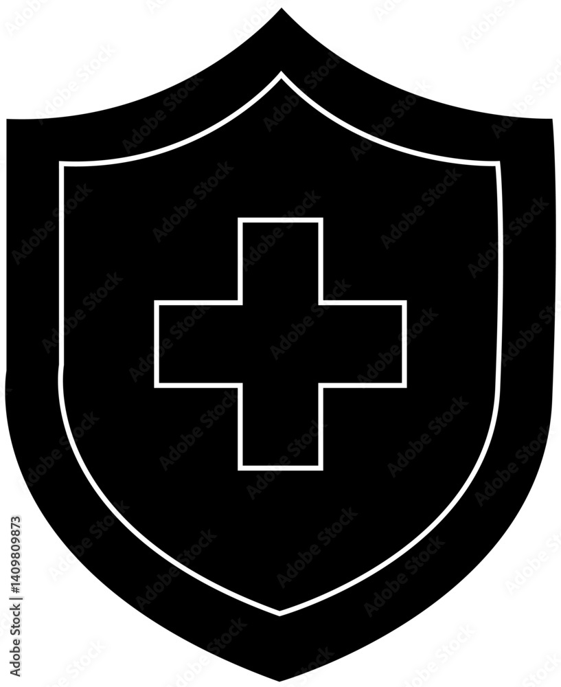 Shield with medical cross icon in black silhouette style representing healthcare protection, emergency safety, or first aid security, transparent background. Shield with medical cross icon in black silhouette style representing healthcare protection, emergency safety, or first aid security, transparent background.