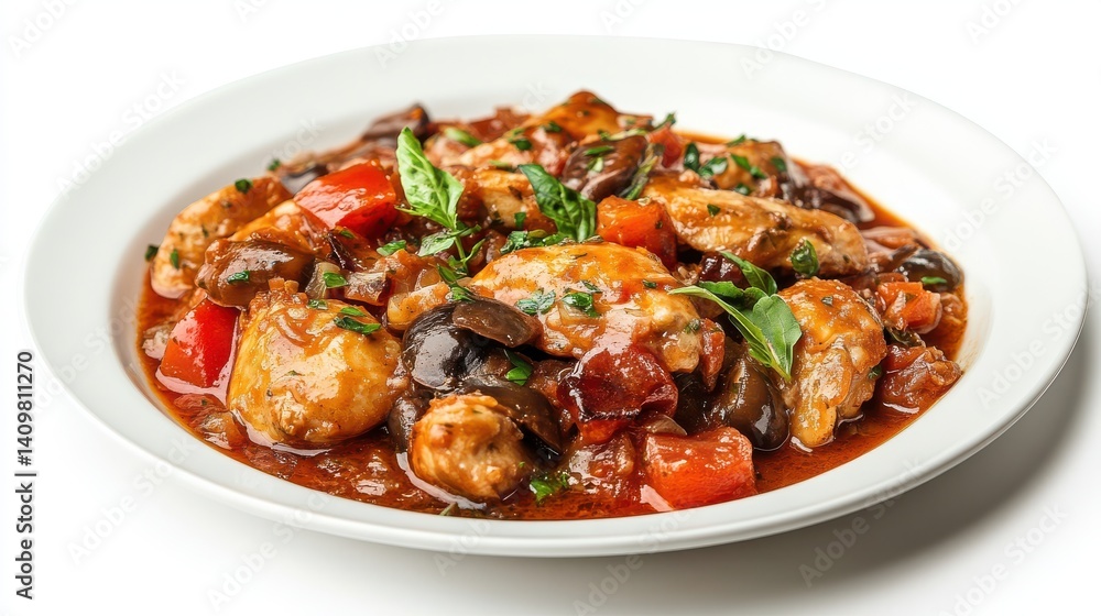 Chicken cacciatore white background plate. Chicken cacciatore white background plate.