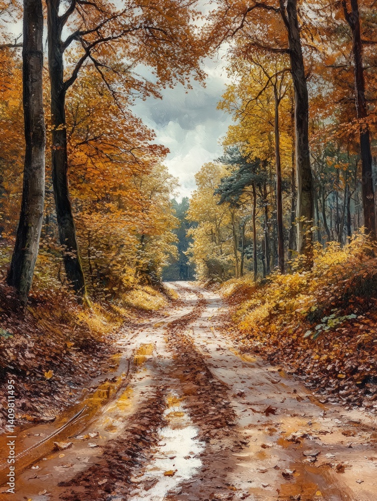 Fototapeta premium Forest path with trees and fallen leaves in autumn season.