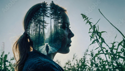 Double exposure of a woman’s silhouette and environmental concerns.