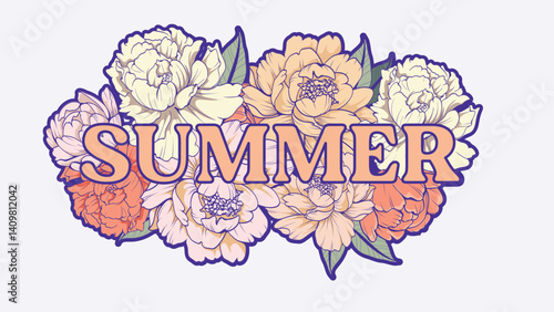 vector illustration. Isolated peonies bloom against a pristine white background, their crisp vector outlines and pastel shades creating an elegant frame for the laconic word "Summer".
