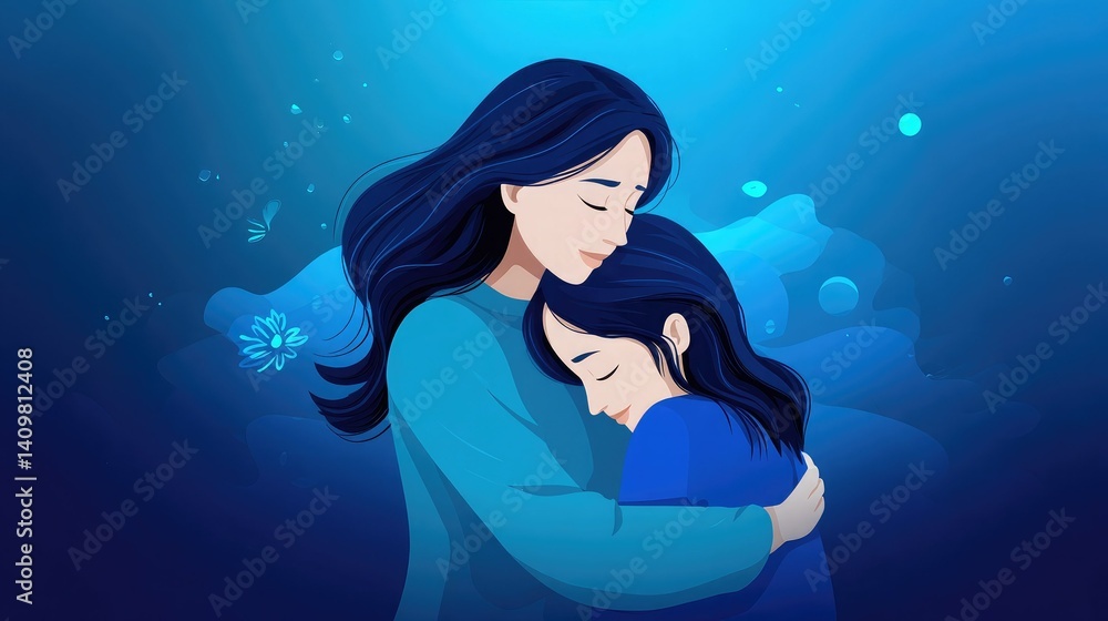 A serene illustration of a mother embracing her daughter, surrounded by calming blue hues and aquatic elements, conveying love and connection.
