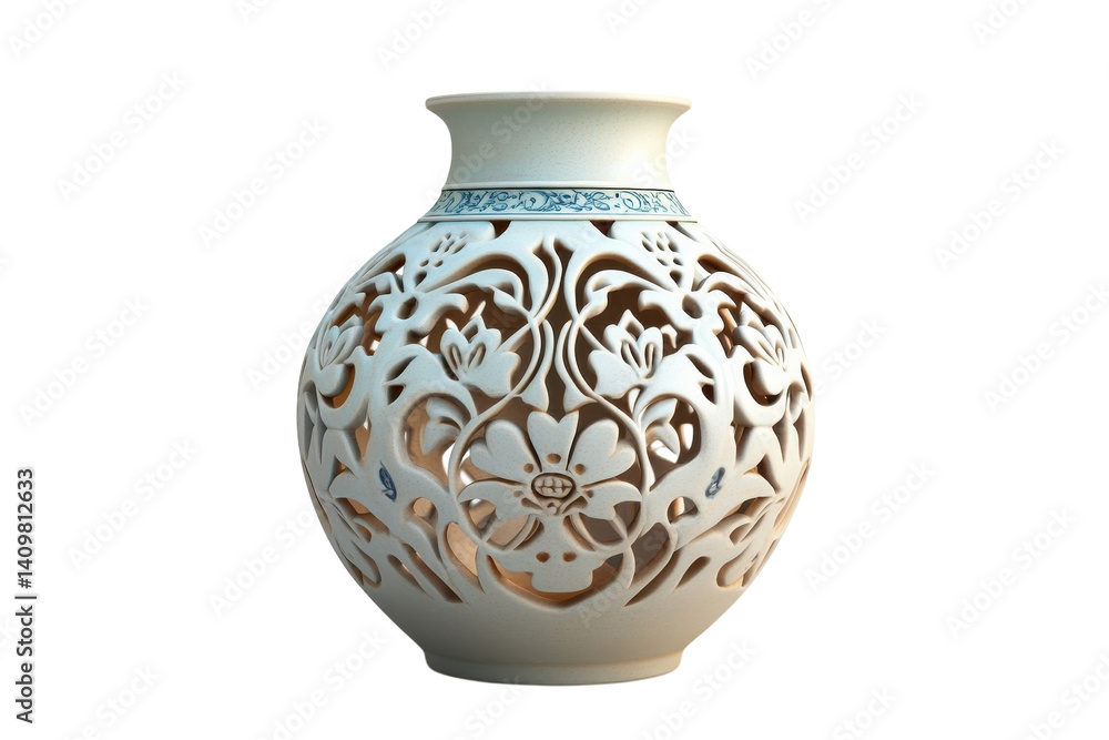 Elegant porcelain vase with intricate floral carvings soft lighting on transparent background Elegant porcelain vase with intricate floral carvings soft lighting on transparent background