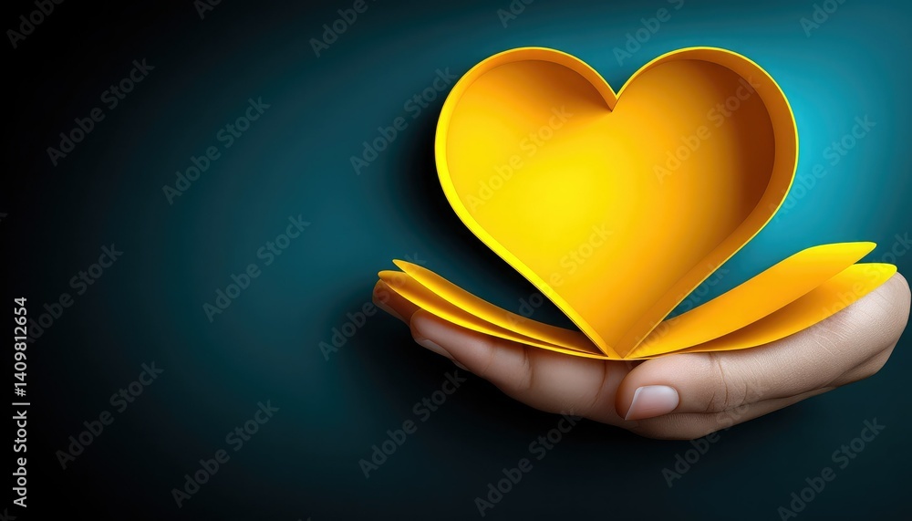 A hand holds a vibrant yellow heart made of paper, symbolizing love and care against a dark background.