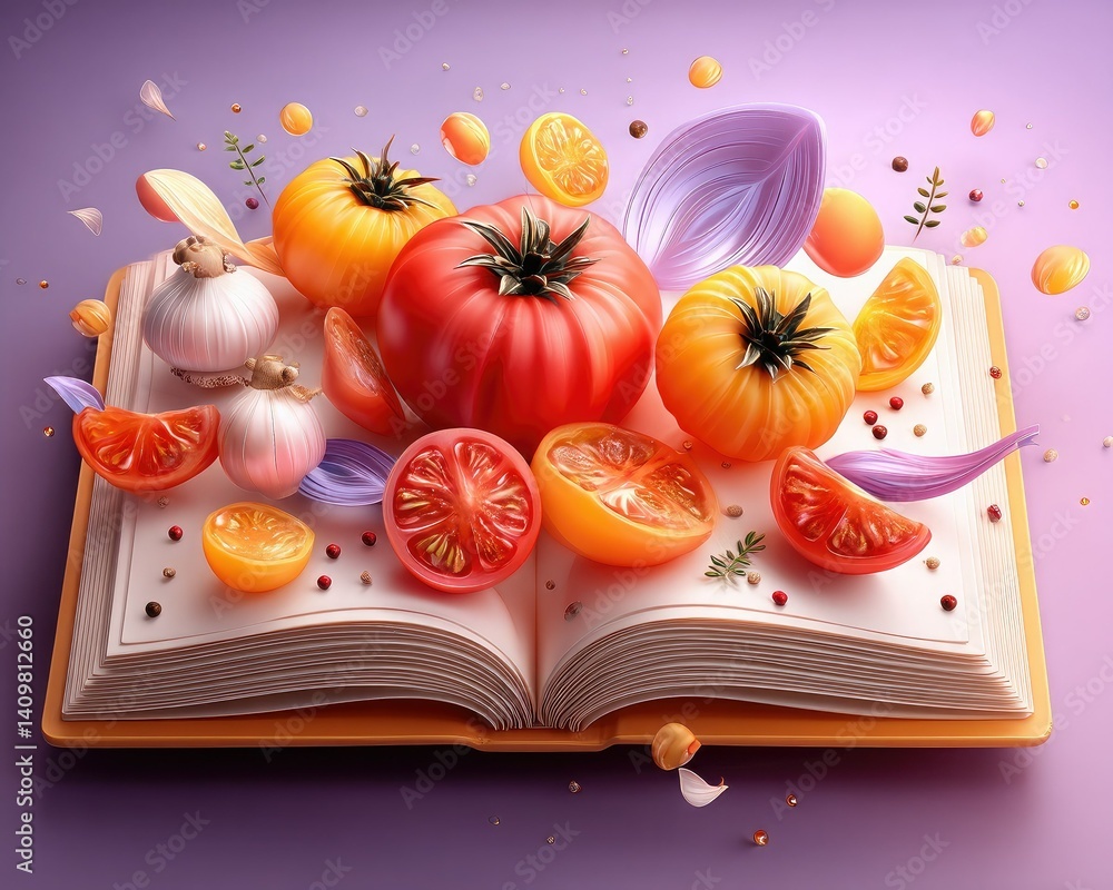 A vibrant illustration of an open book surrounded by colorful fruits and vegetables, symbolizing the fusion of knowledge and nutrition.