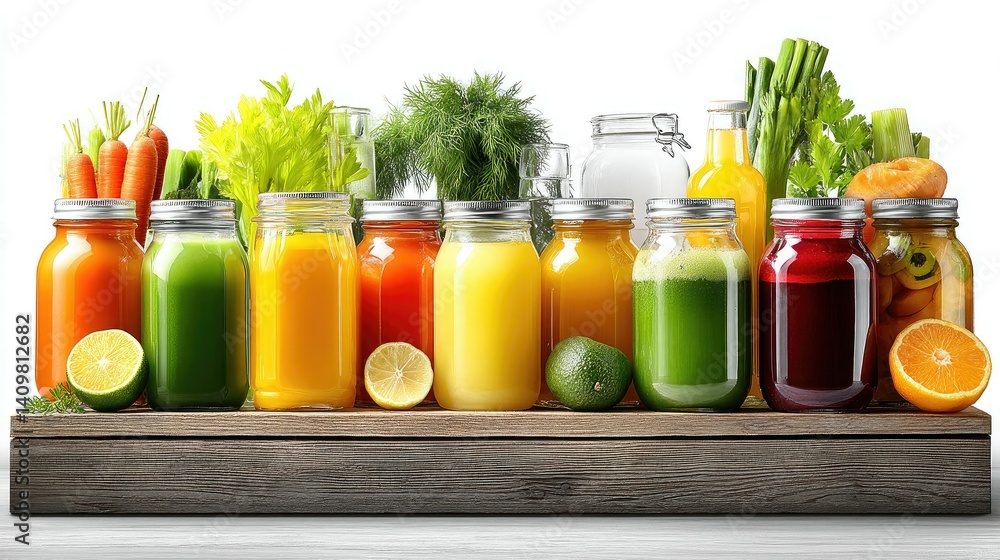 A colorful display of fresh juices in jars, featuring vibrant fruits and vegetables, promoting health and vitality.