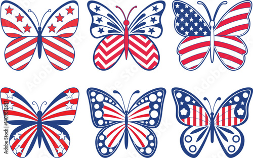 American Flag, 4th July Color Butterfly Bundles Vector Graphic. 