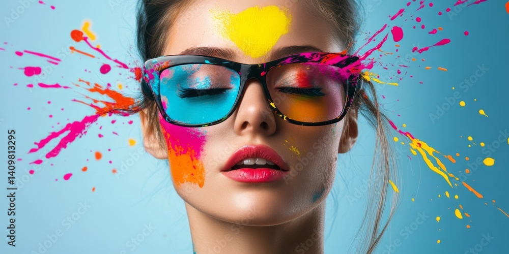A vibrant portrait of a stylish woman with colorful glasses. The image showcases a creative splash of paint around her, symbolizing art and expression.