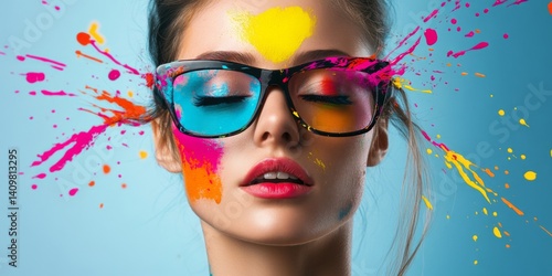 Obraz na płótnie A vibrant portrait of a stylish woman with colorful glasses. The image showcases a creative splash of paint around her, symbolizing art and expression. w salonie