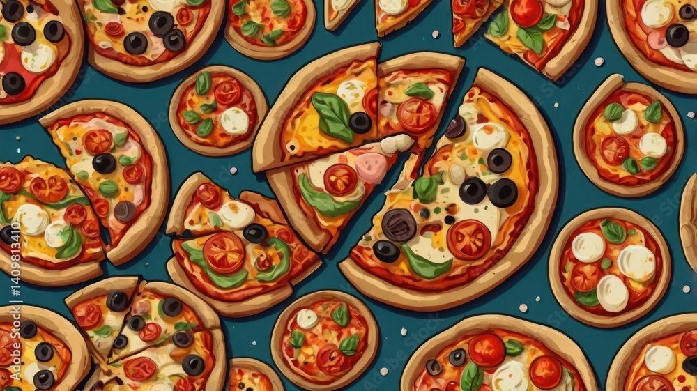 Delicious pizzas, various toppings, overhead shot, teal background, food blog Delicious pizzas, various toppings, overhead shot, teal background, food blog