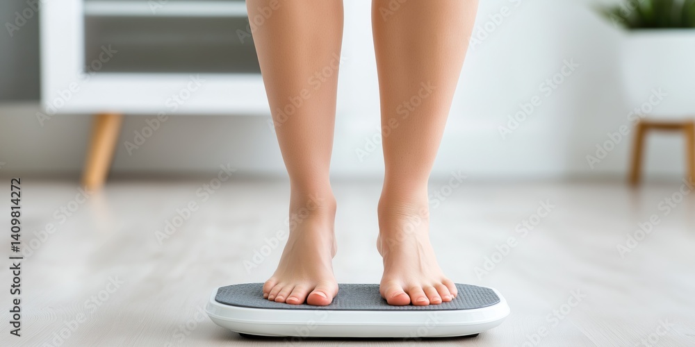 Fototapeta premium A woman is standing on a scale with her feet on it. She is wearing a white shirt and black pants