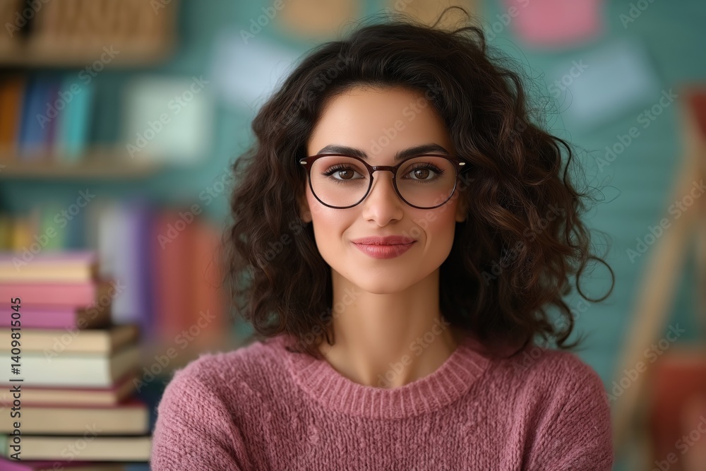Young curly-haired female teacher with glasses on slightly blurred background of stacked textbooks and classroom furniture. Concept of modern education, knowledge sharing, and academic inspiration.