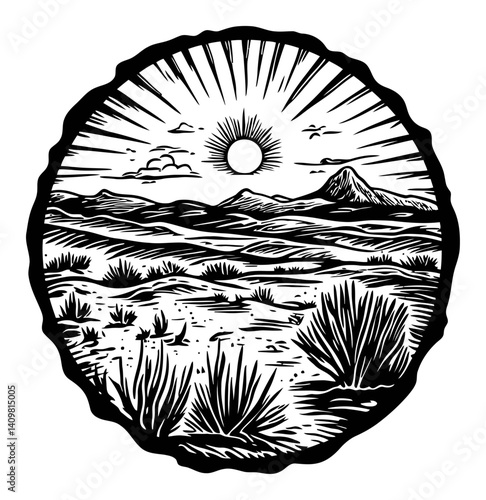 Scenic Woodcut Landscape with Mountains and Sun Rays Illustration