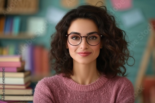 Obraz na płótnie Young curly-haired female teacher with glasses on slightly blurred background of stacked textbooks and classroom furniture. Concept of modern education, knowledge sharing, and academic inspiration. w salonie