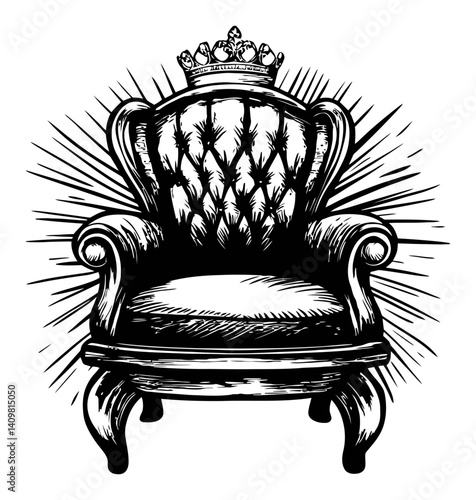 Ornate Woodcut Illustration of a Majestic Crowned Armchair Design