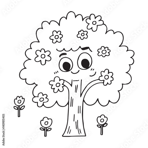 flowers and cartoon tree with face easy coloring page for children. 