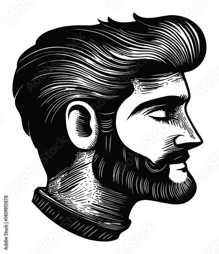 Vintage Woodcut Portrait of a Stylish Man with Beard and Hairstyle
