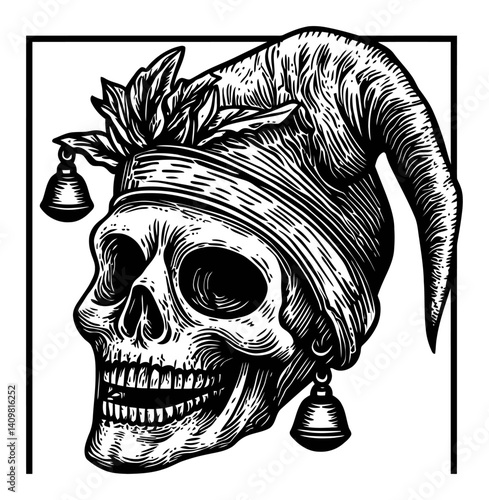 Vintage Woodcut Style Skull with Jester Hat and Bells Design