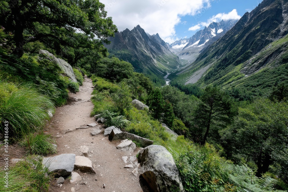 A magnificent view along a winding mountain trail, surrounded by lush greenery and towering peaks, inviting exploration into nature's untouched beauty and tranquility. A magnificent view along a winding mountain trail, surrounded by lush greenery and towering peaks, inviting exploration into nature's untouched beauty and tranquility.