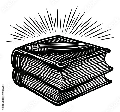 Vintage Engraving of a Stack of Books with a Pen on Top