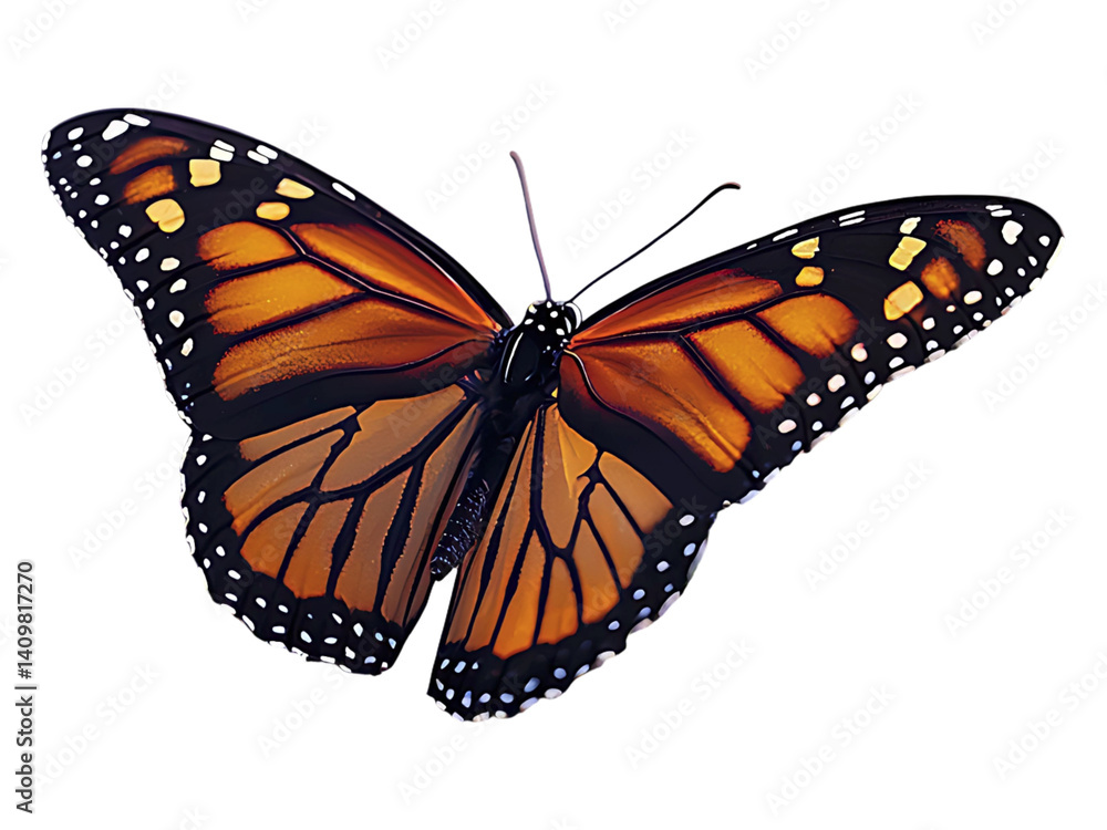 Fototapeta premium A vibrant monarch butterfly delicately perched on a cluster of lavender blossoms.