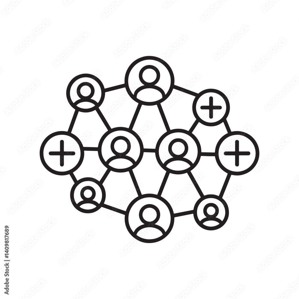 Network Connection Icon with Human Figures and Plus Signs Representing Social Links and Digital Collaboration Editable Vector Illustration isolated on a white background Network Connection Icon with Human Figures and Plus Signs Representing Social Links and Digital Collaboration Editable Vector Illustration isolated on a white background