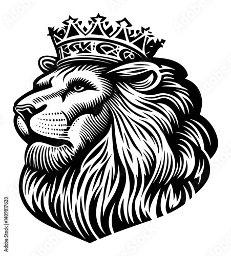 Majestic Lion Engraving with Crown in Bold Black and White Style