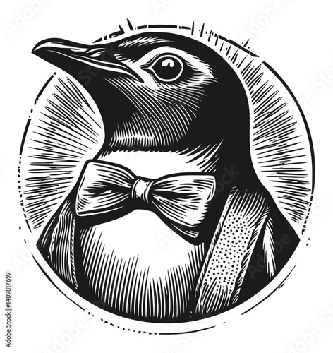 Elegant Penguin Engraving with Classic Bow Tie and Vintage Style