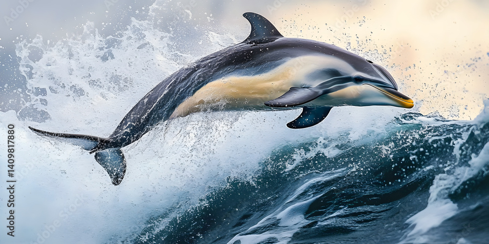 Fototapeta premium Dolphin jumping over ocean waves watercolor painting