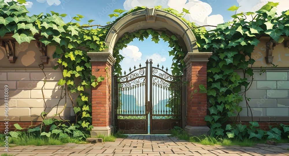 Fototapeta premium chained gate under ivy arch 3d render scene video game concept background illustration digital artwork