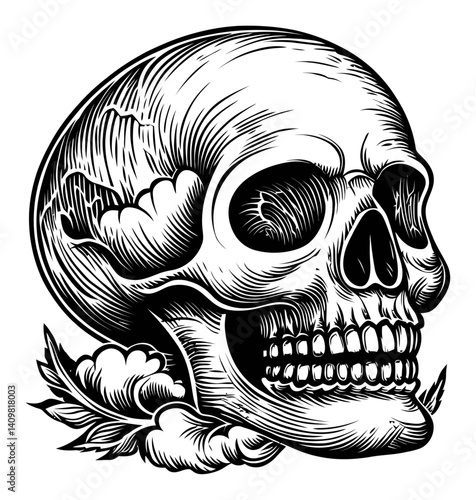 Detailed Skull Engraving with Floral Elements and Shadow Effects