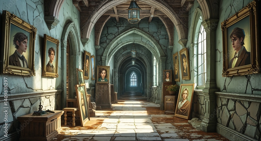 Fototapeta premium decrepit castle hallway with portraits 3d render scene video game concept background illustration digital artwork