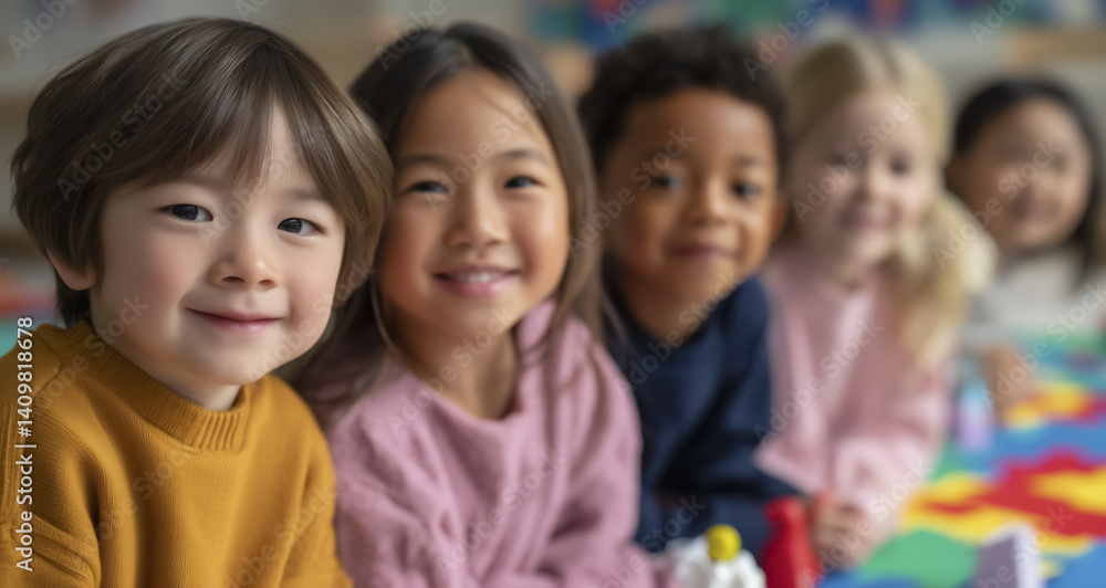 group of diverse children smiling and playing together in colorful classroom setting, showcasing joy and friendship. atmosphere is lively and inclusive group of diverse children smiling and playing together in colorful classroom setting, showcasing joy and friendship. atmosphere is lively and inclusive