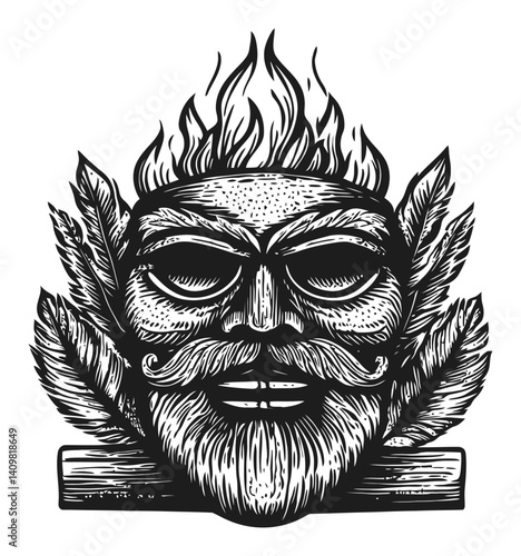 Detailed Vintage Engraving of a Fearless Warrior with Flames and Feathers