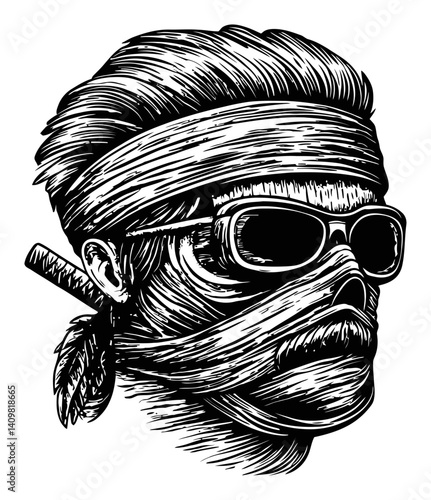 Detailed Engraving of a Bandaged Man with Sunglasses and Bandana